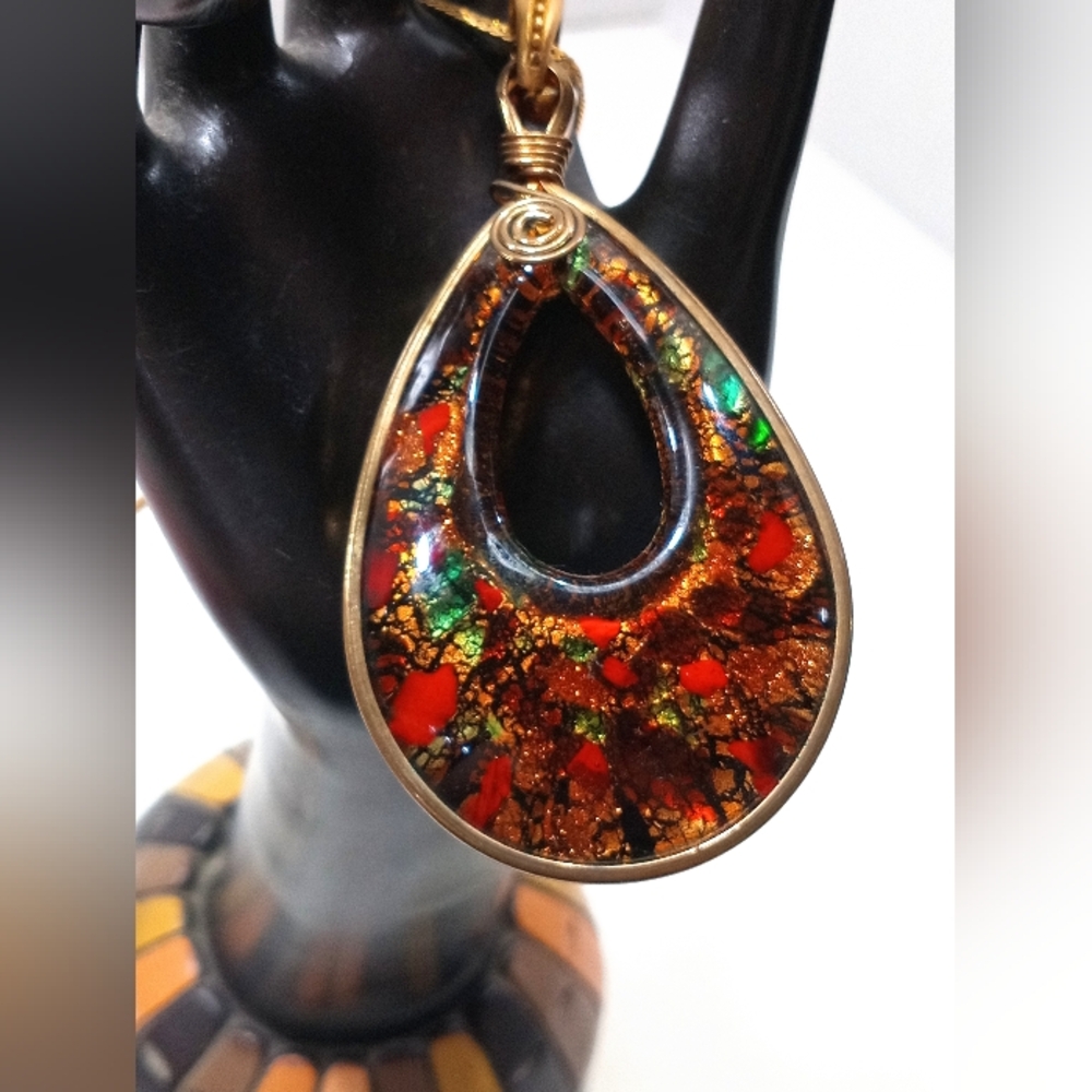 Venetian Glass Pendant Necklace Vintage S Lind 14KGE Herringbone Gold Chain
